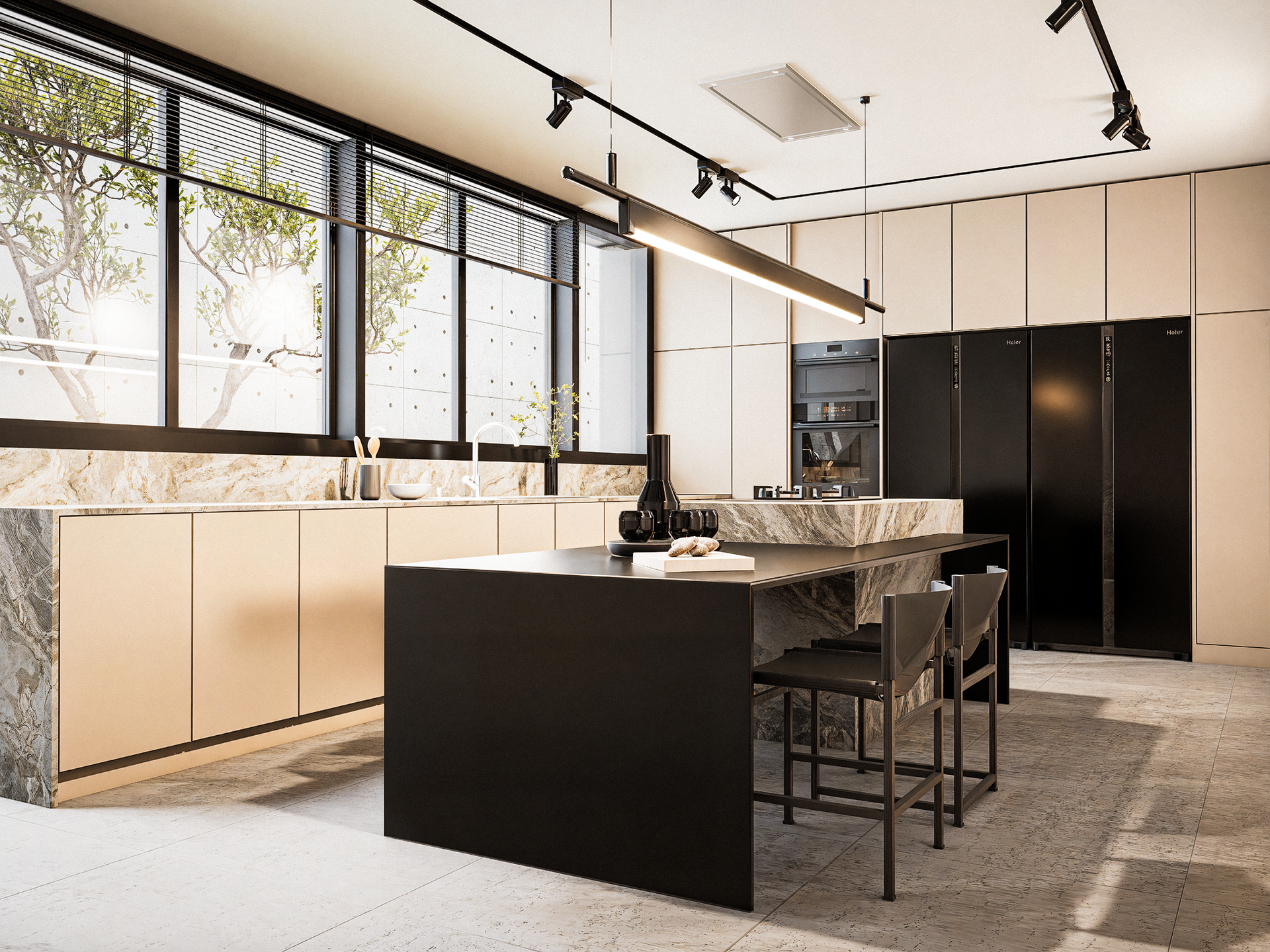 cocina con isla integrada en tonos neutros y obscuros