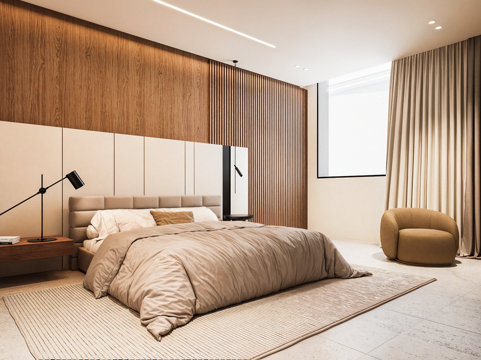Recamara con iluminación natural y artificial con acabados en tonos neutros y amaderados