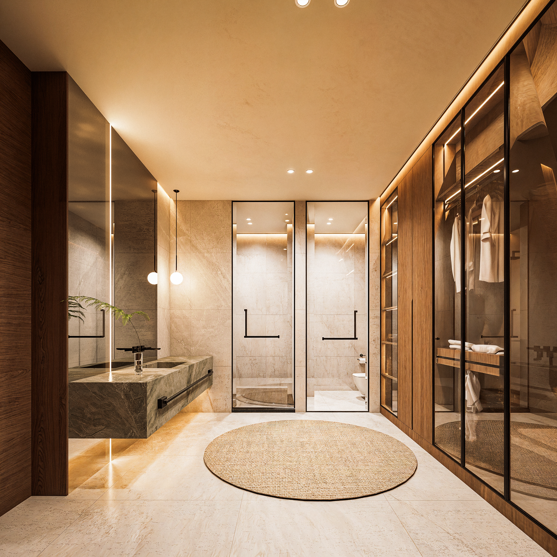 Baño amplio con acabados de lujo con doble lavamanos closet integrado