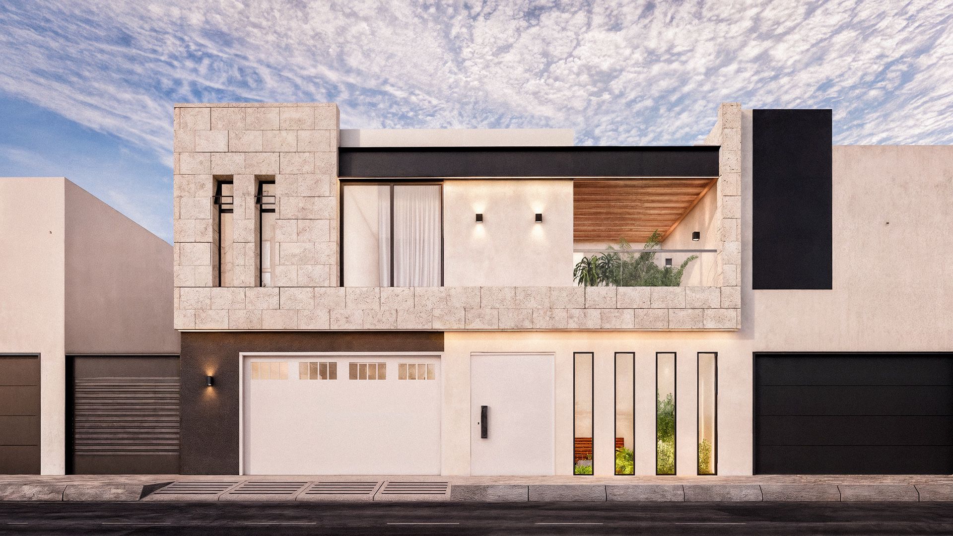 OHMS Arquitectura, fachada con iluminación en spots en Tesoro Contry, Nuevo León