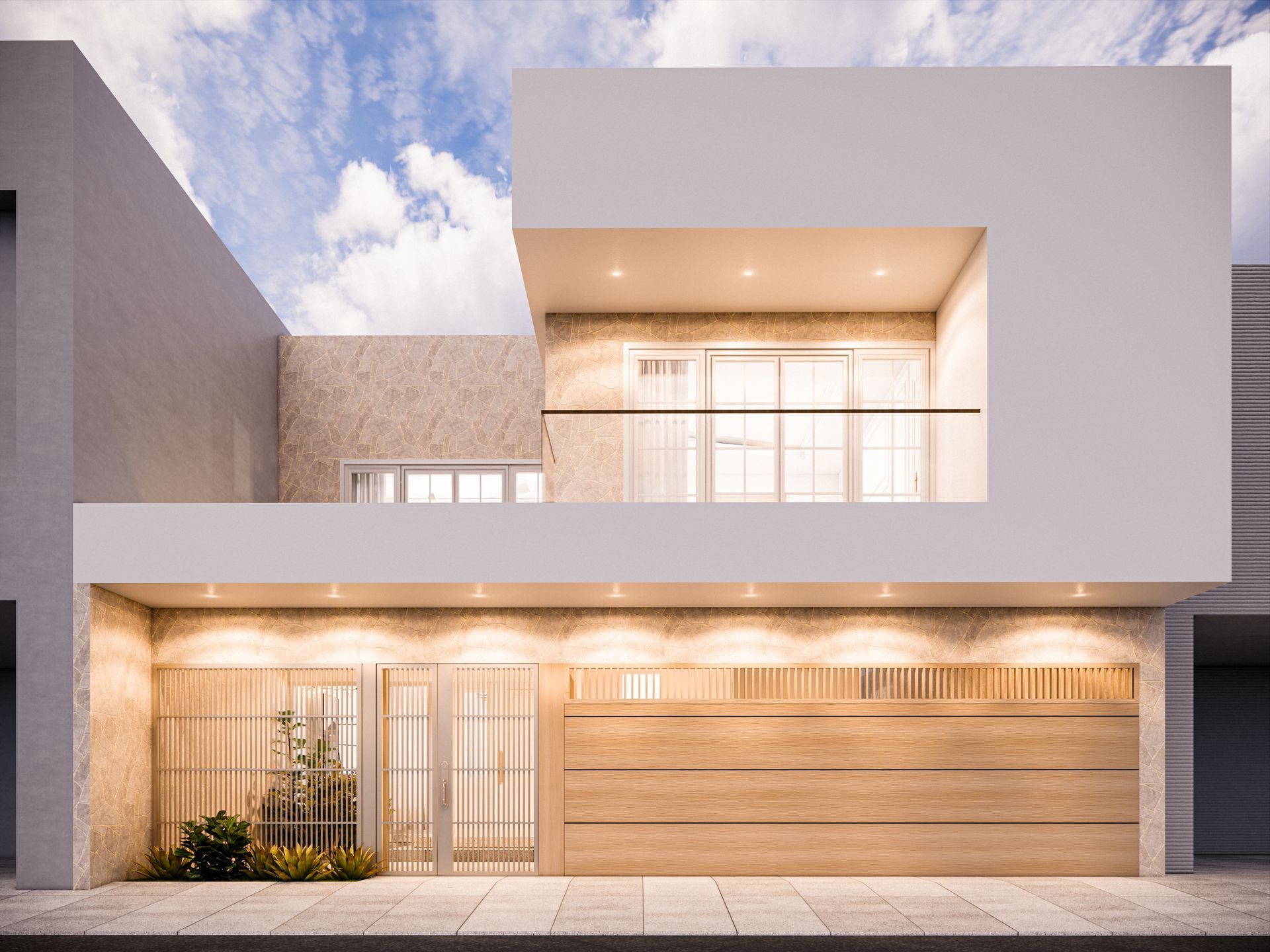 OHMS Arquitectura, fachada con iluminación en spots en Tesoro Contry, Nuevo León