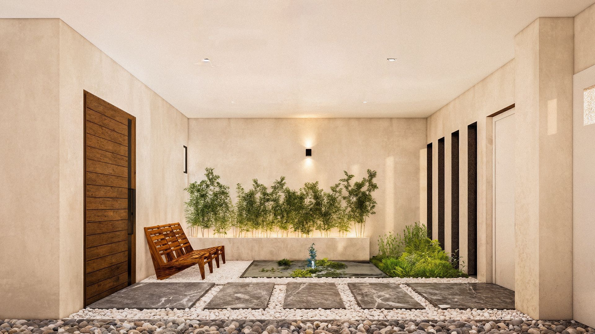 Recibidor con iluminacion en spots y maceteros con cuerpo de agua