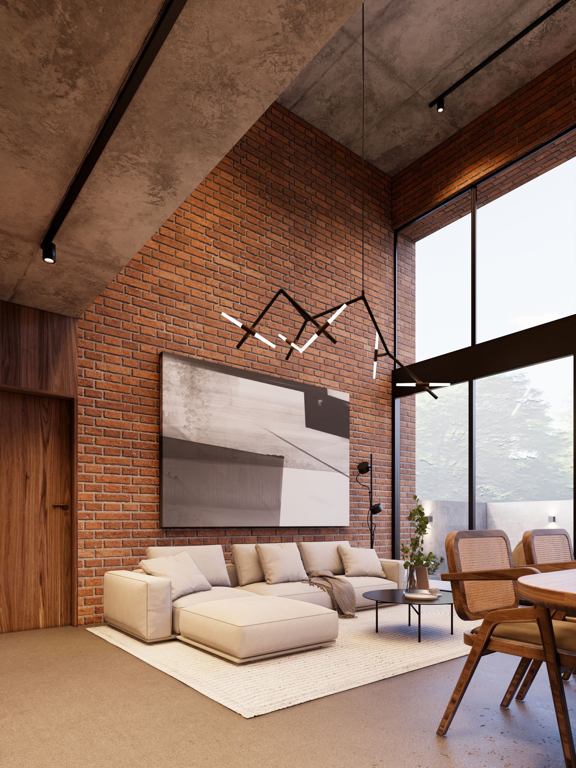 SALA CON DISEÑO INDUSTRIAL CON DOBLE ALTURA ACABADOS DE LADRILLO Y CONCRETO APARENTE