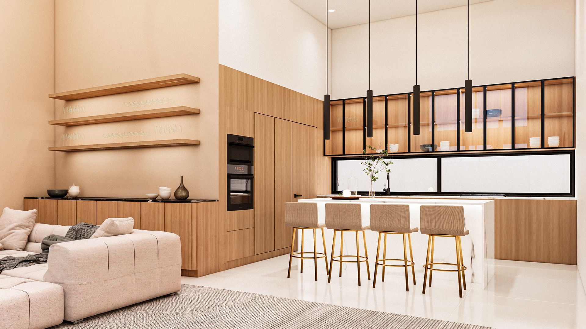 Área de bar con acabados claros, amaderados combinados con iluminación natural y artificial 