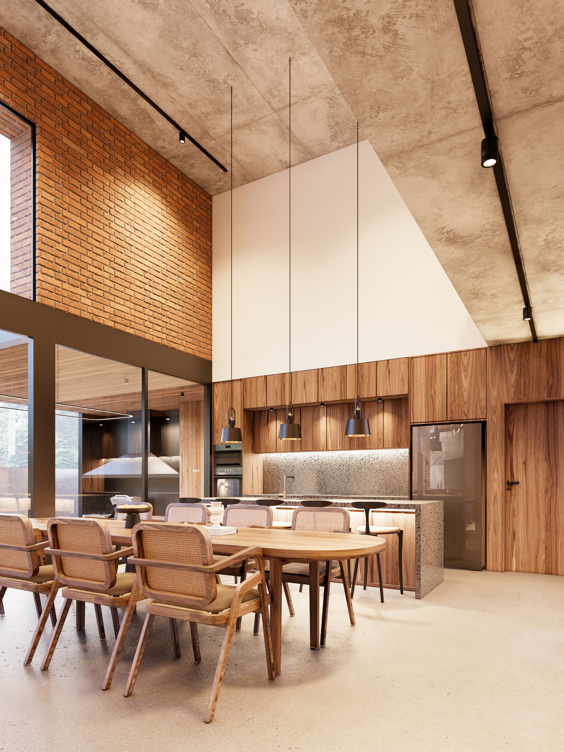 COMEDOR CON DISEÑO INDUSTRIAL CON DOBLE ALTURA ACABADOS DE LADRILLO Y CONCRETO APARENTE