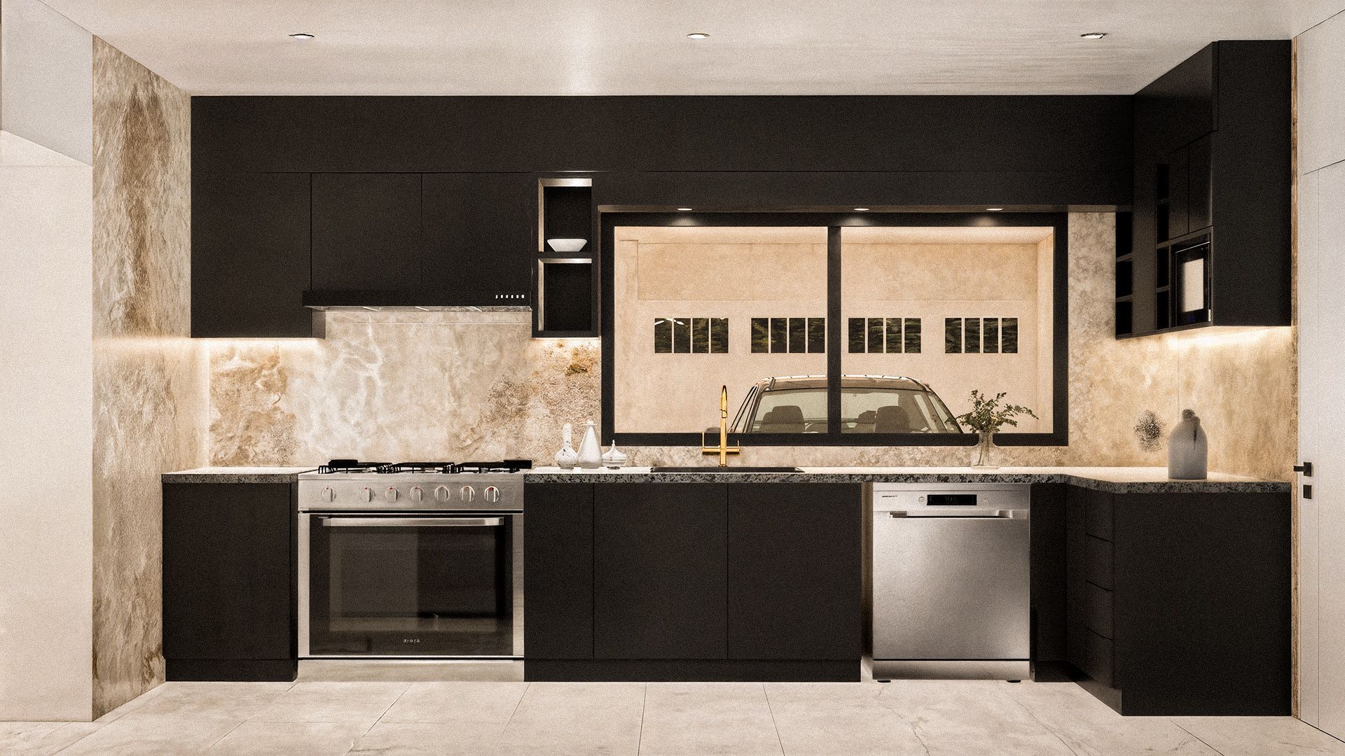 Cocina moderna de tono negro o café obscuro