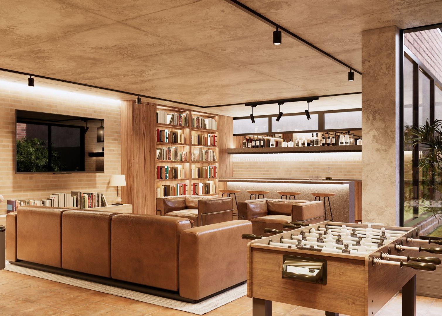 Mens cave (sala de tv con bar) en diseño industrial con ladrillos y concreto aparente