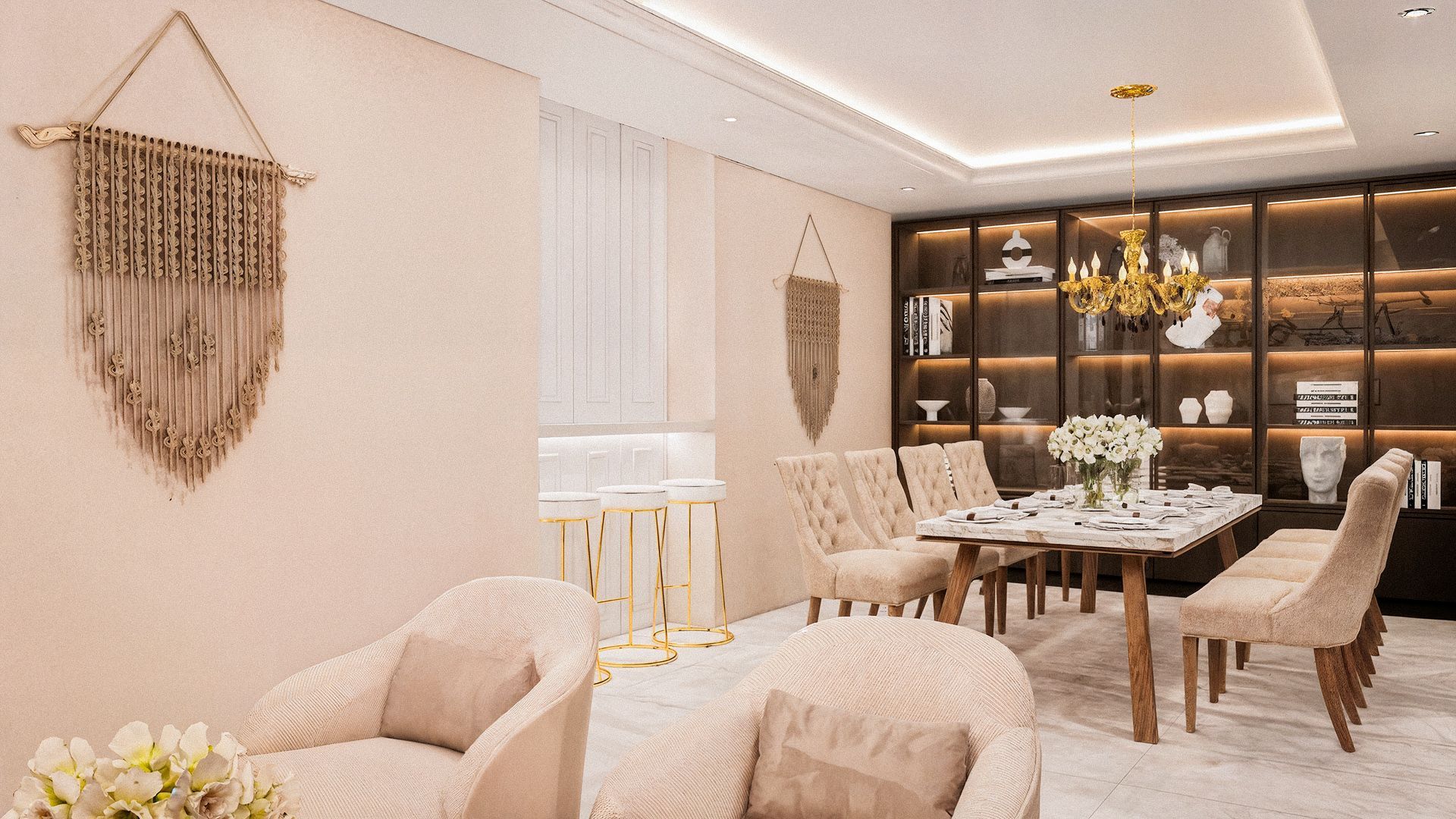 comedor con librero en tonos cafe y neutros