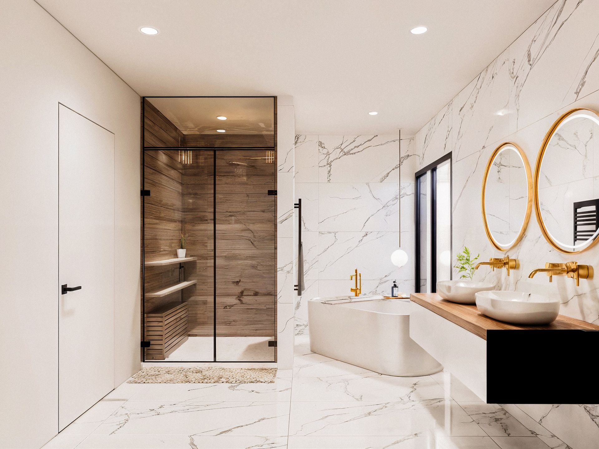 Baño con lavabo doble, regadera con cancel de vidrio con tina incluida y acabado de mármol