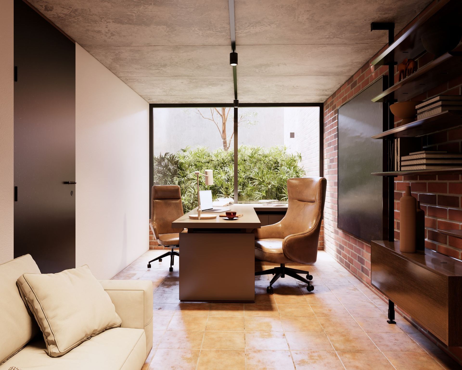 oficina  en diseño industrial con ladrillos y concreto aparente