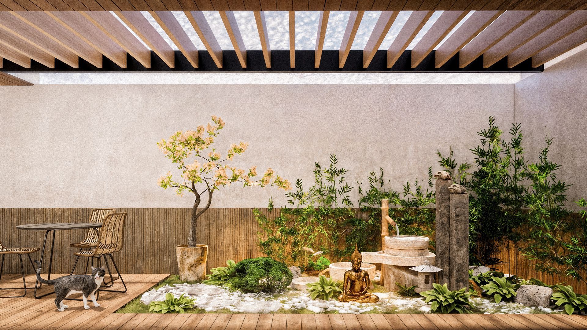 patio exterior con fuete y pérgolas y acabados de jardín y bambú