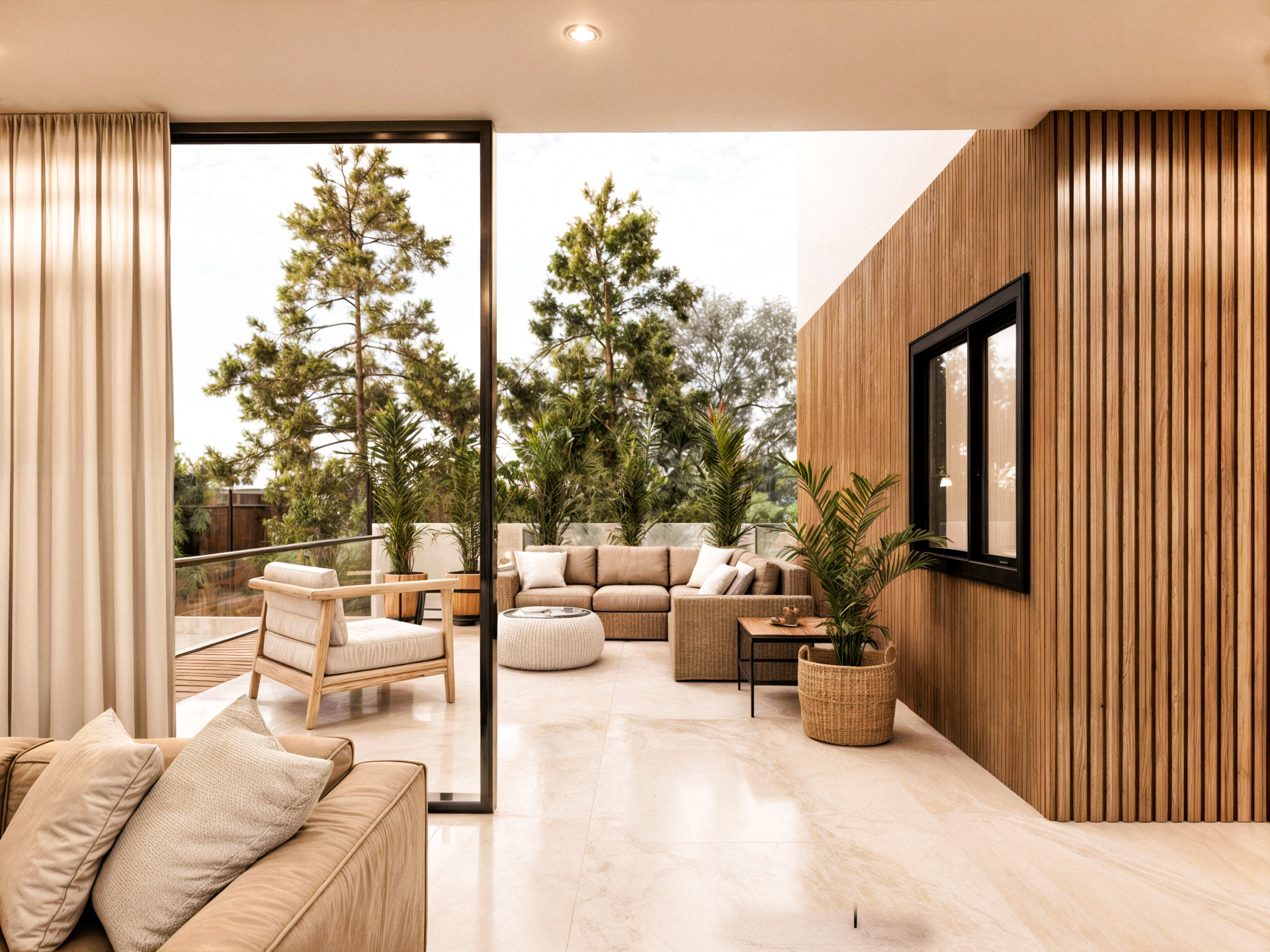 terraza con exterior y ventanales