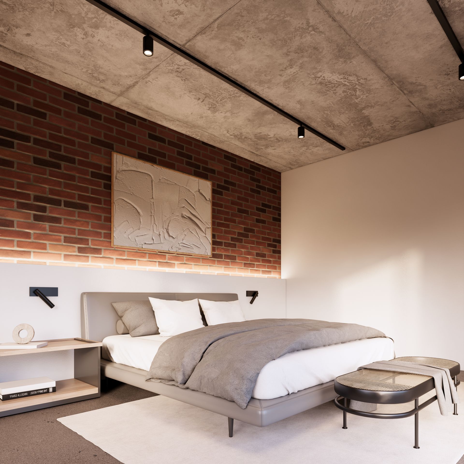 RECAMARA CON DISEÑO INDUSTRIAL CON ACABADOS DE LADRILLO Y CONCRETO APARENTE