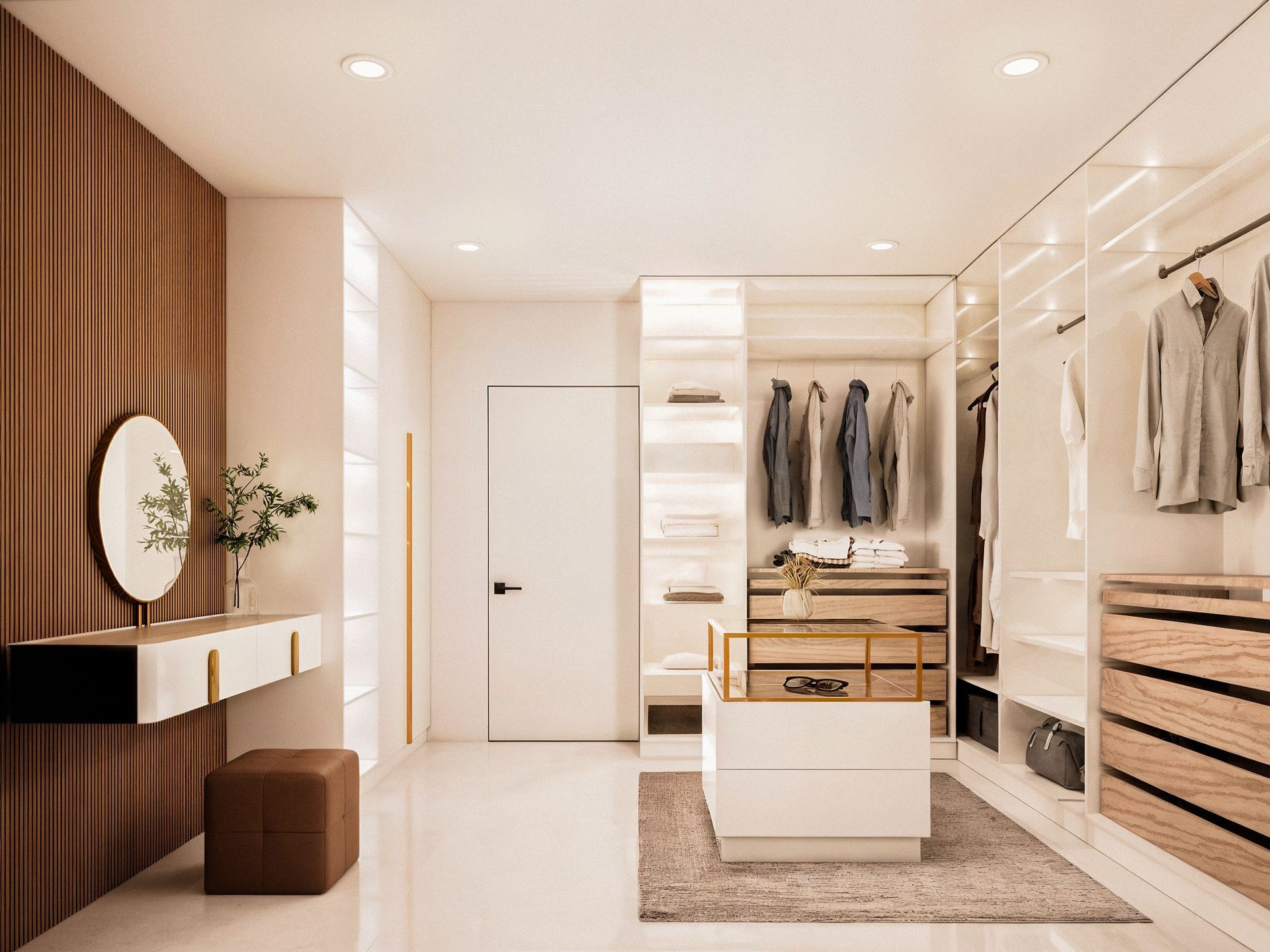 Walking closet con mucha iluminación con tocador