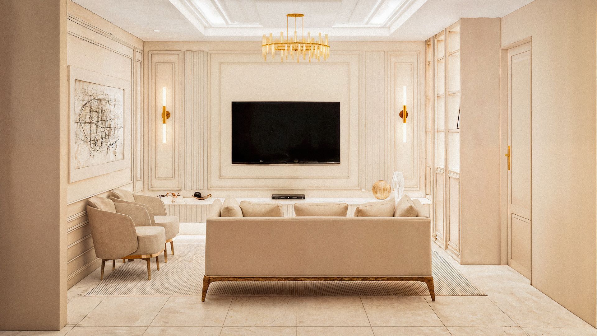 Sala de tv con iluminacion en spots e iluminacion en plafones