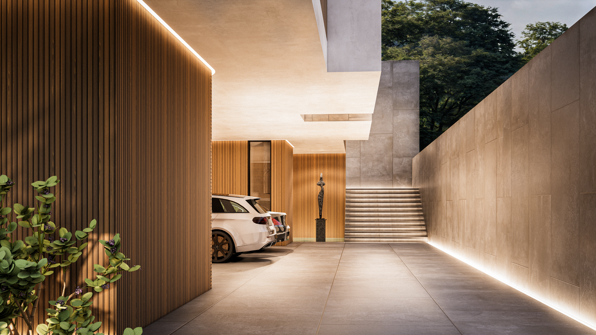 OHMS ARQUITECTURA Entrada con cochera con acabados amaderados