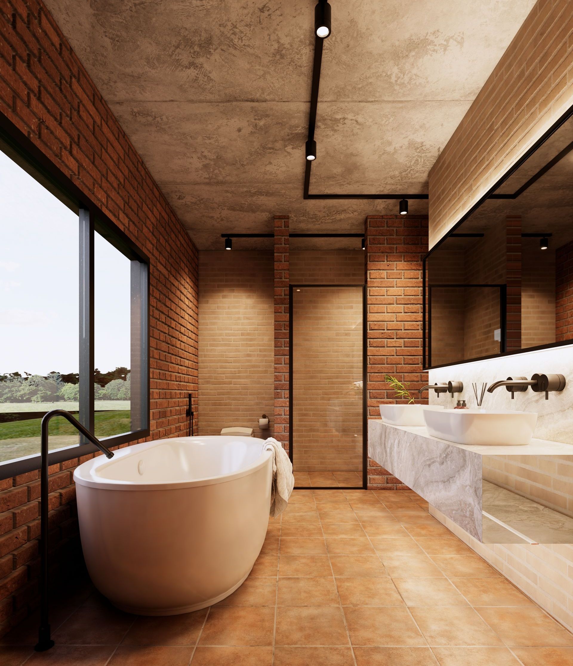 Baño con diseño industrial, lavabo doble con acabados de ladrillo. concreto aparente e iluminación expuesta