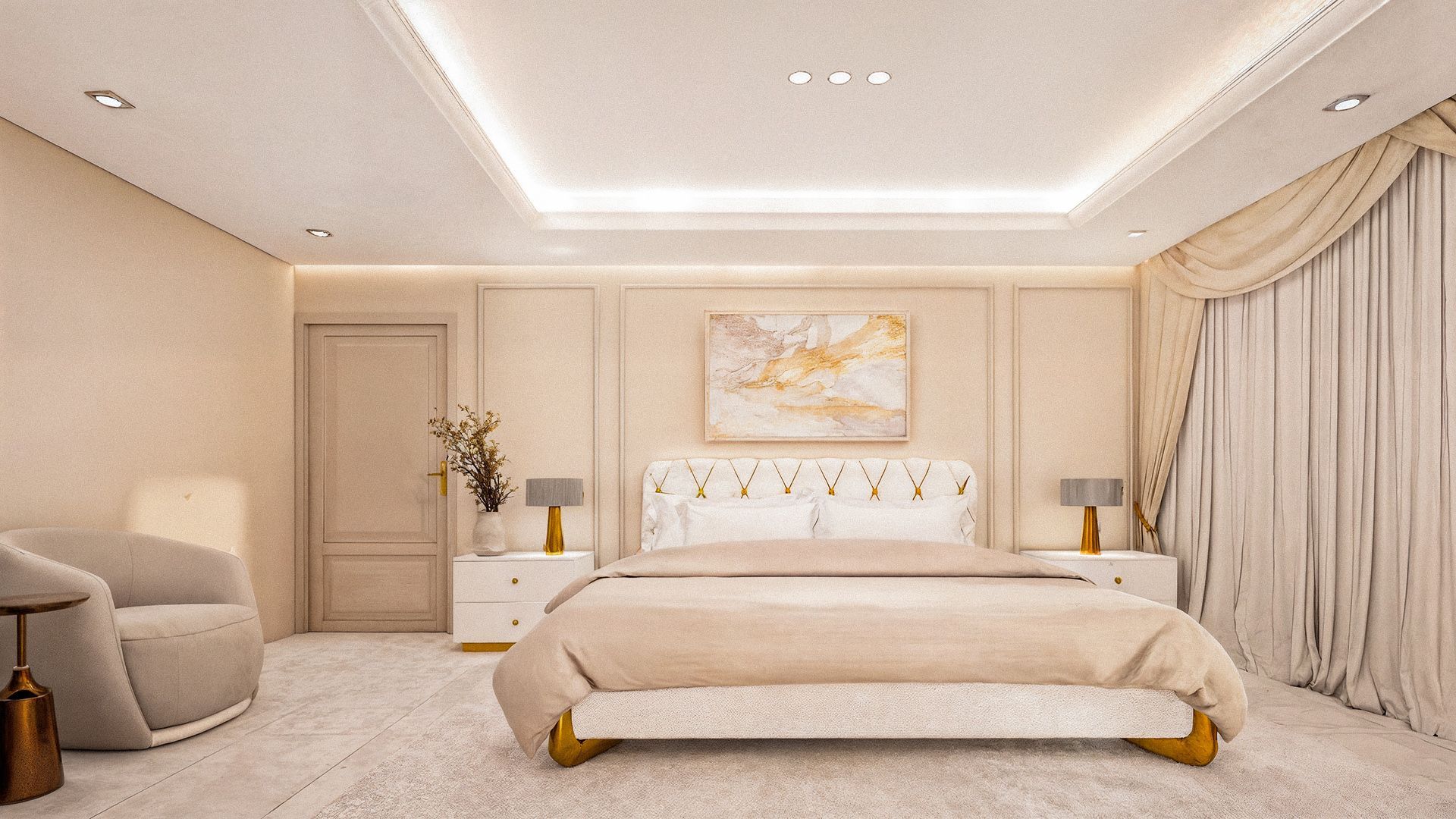 recamara principal con plafón y detalles de molduras clásicos