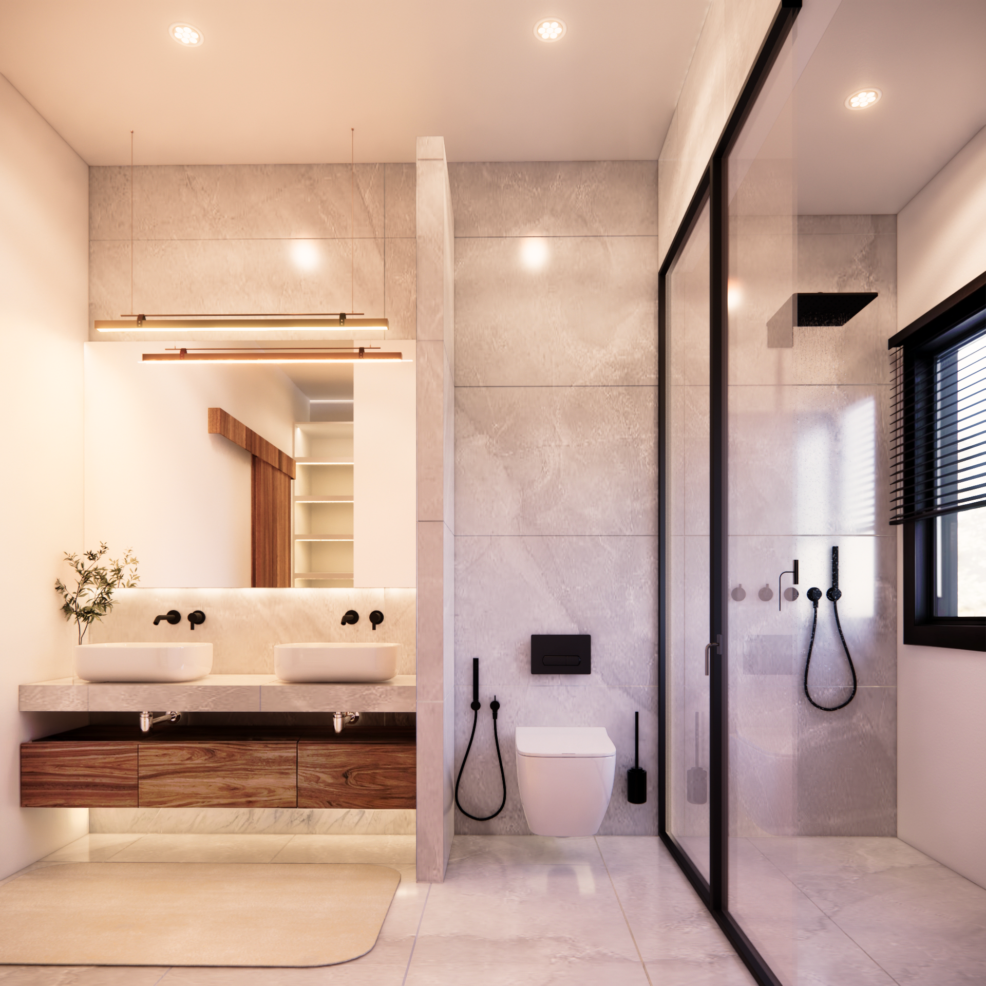 Baño con lavamanos doble moderno con iluminación artificial