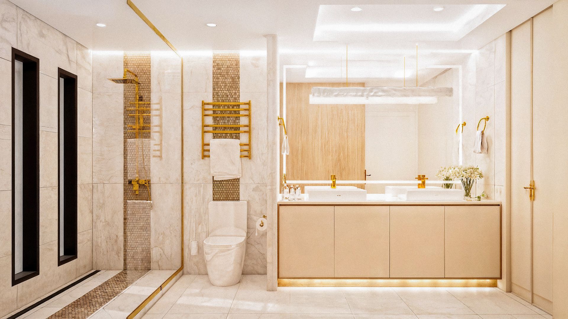 baño inteligente con lavabo doble y cancel de piso a techo