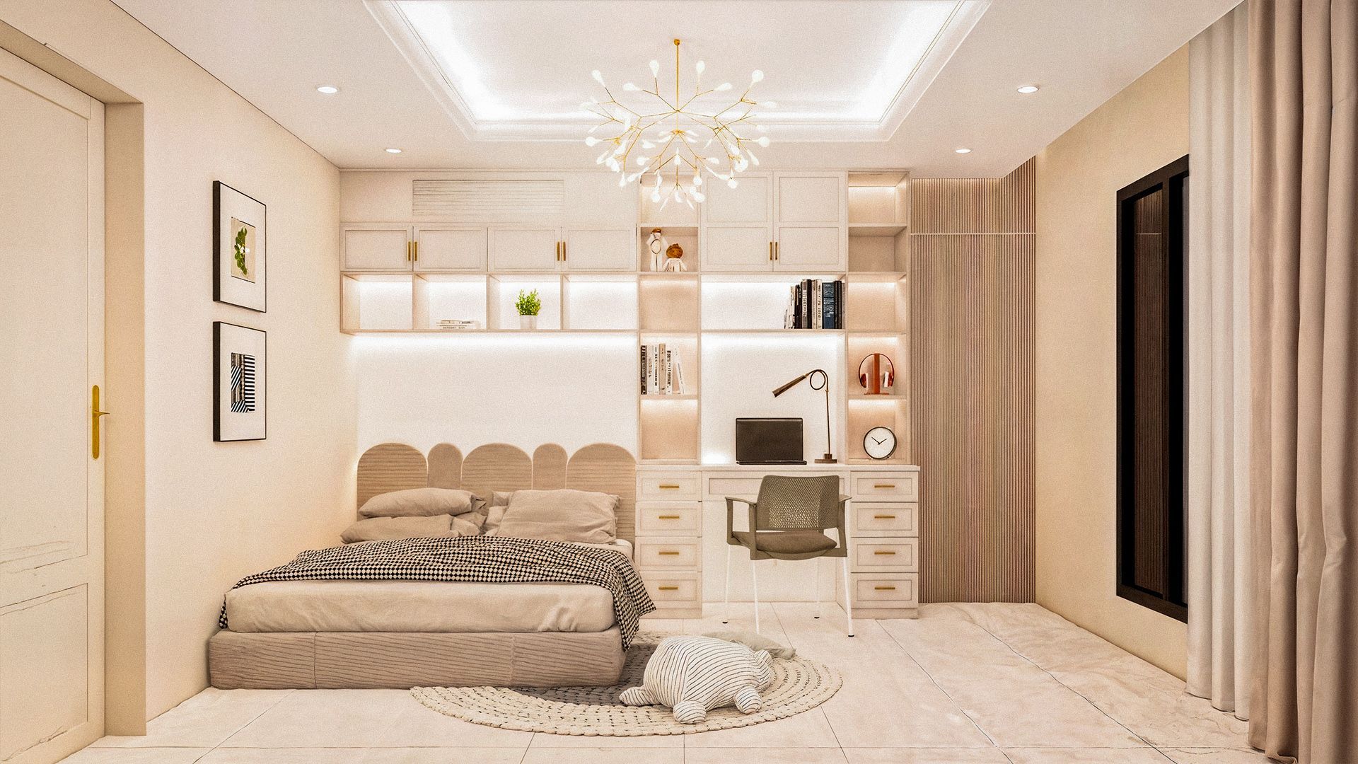 Habitación para niños con escritorio y plafones