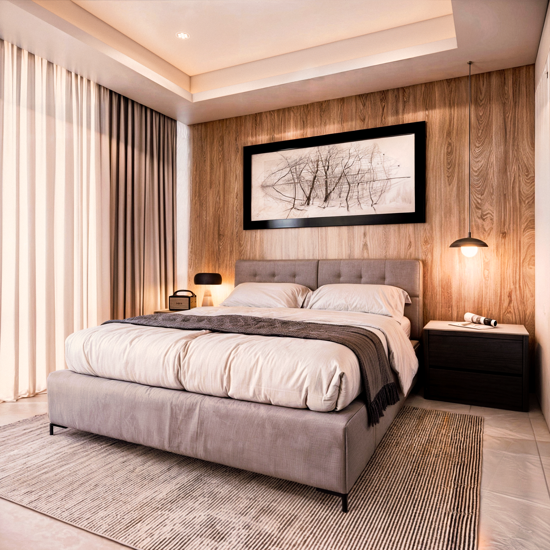 recamara con ventanales e iluminación con plafones