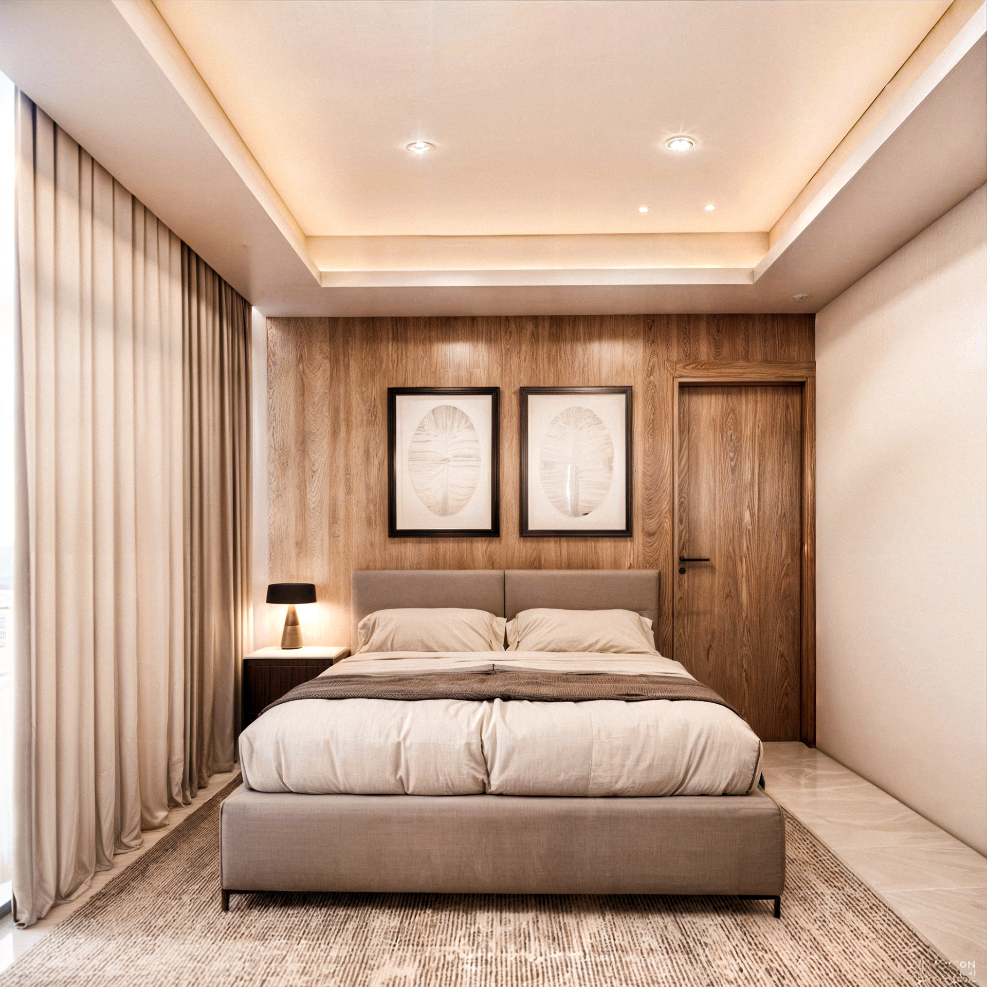 Recamara comoda con ventanal de piso a techo con iluminación de plafones