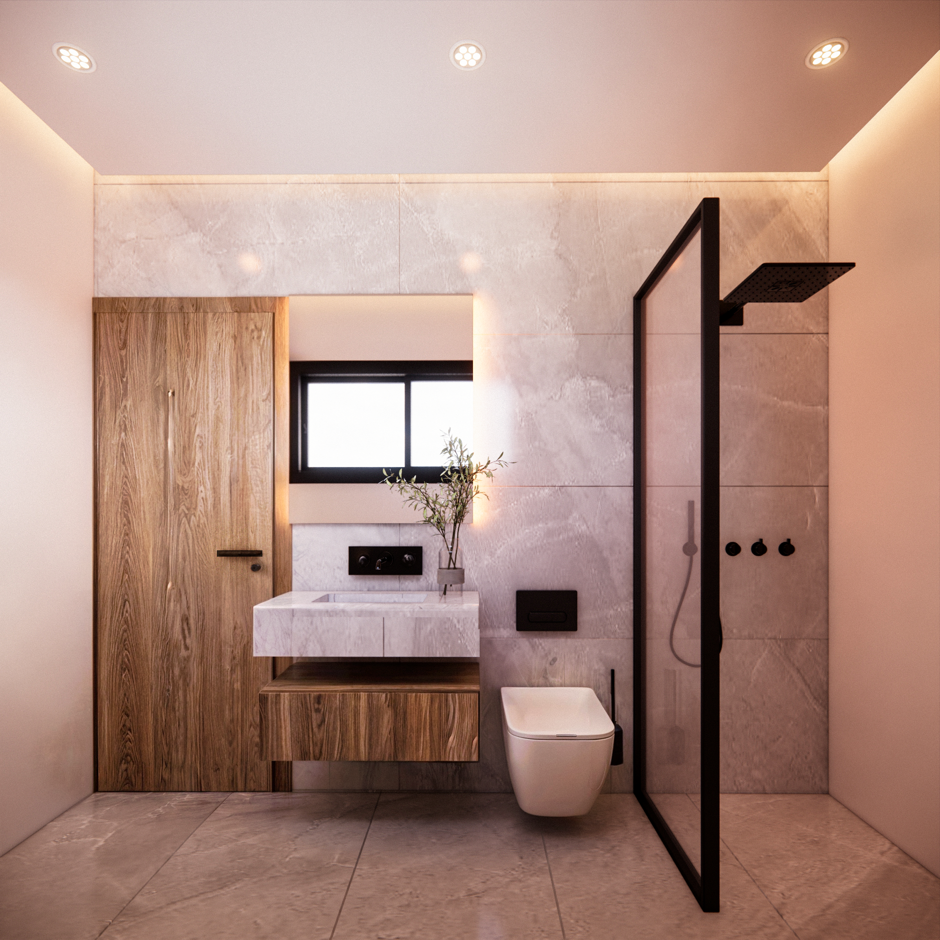 Baño con iluminación natural y artificial con bañera de cancel de vidrio