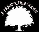 A white tree silhouette with green text, “A PREMIER TREE SERVICE”, on a black background.
