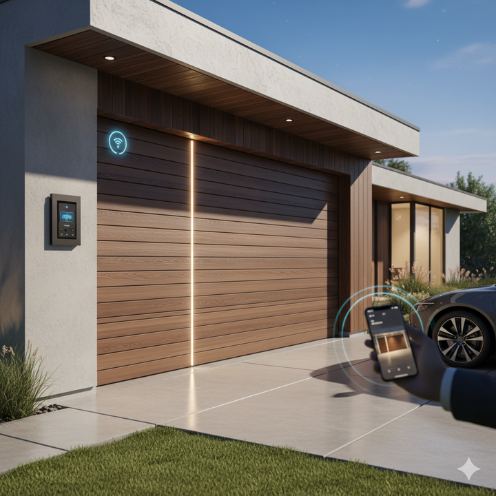 A garage with columns and a wooden door