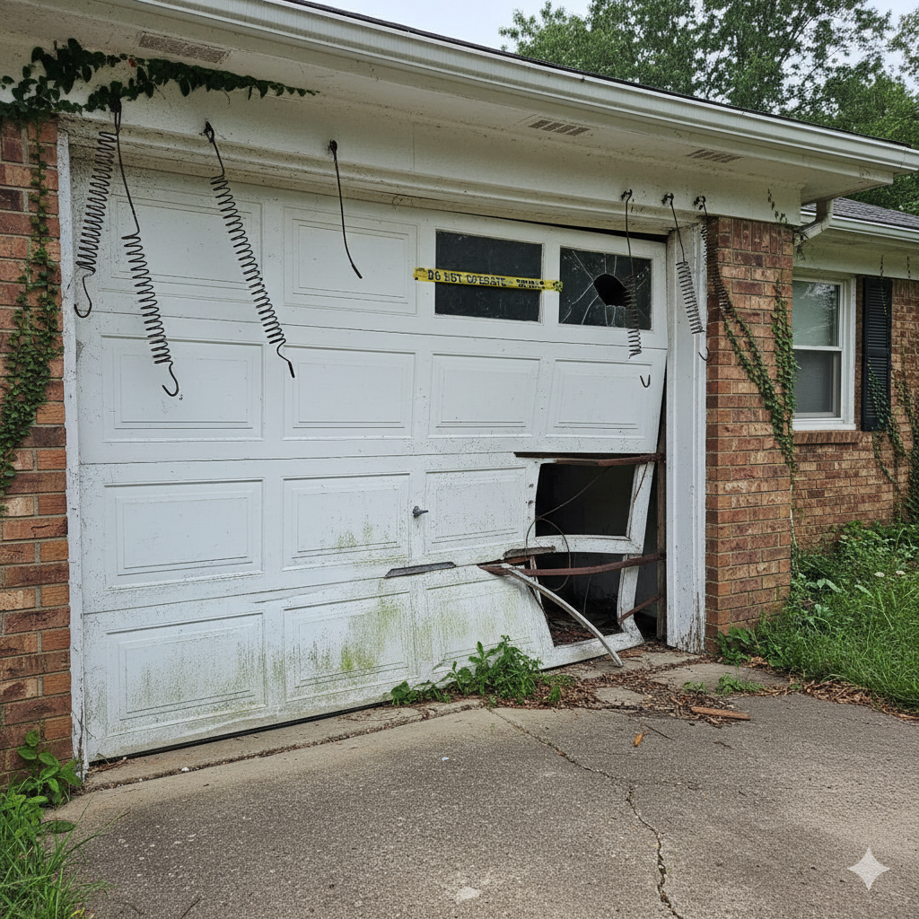 Garage door off track showing misaligned rollers and needing repair