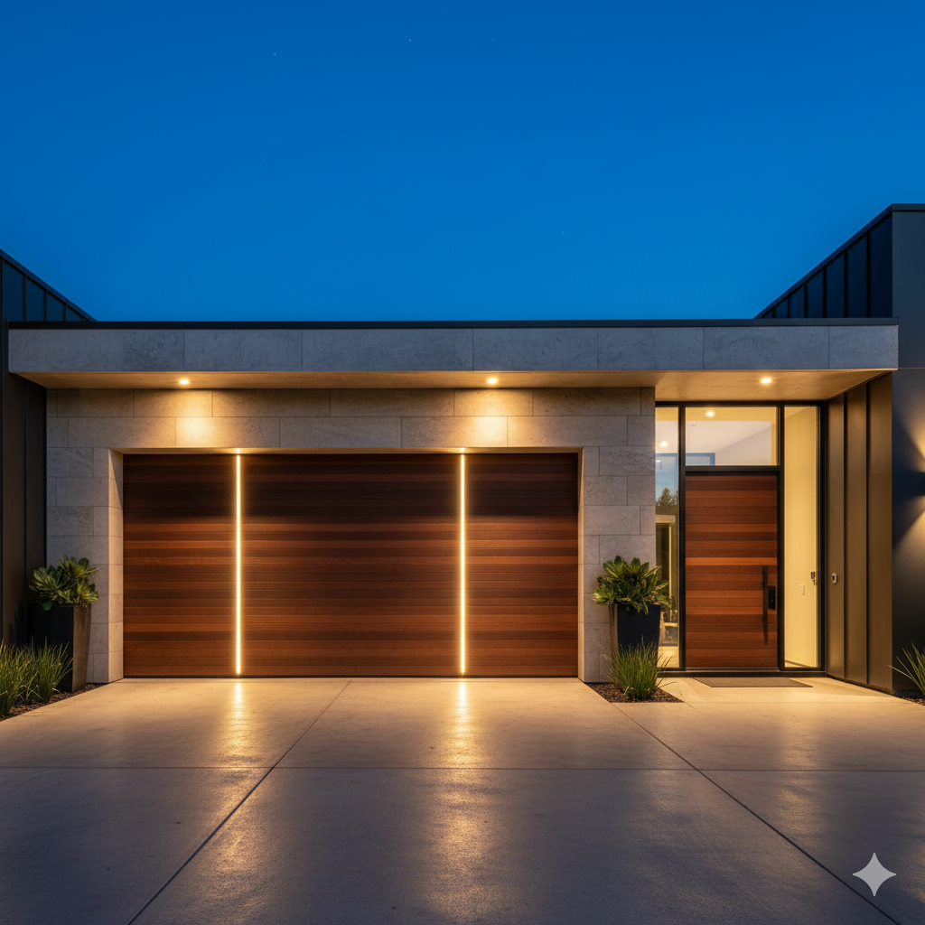 Modern custom garage door with stylish design enhancing home exterior