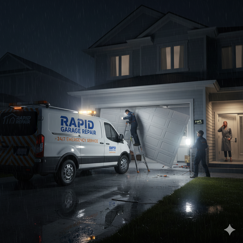 Technician providing emergency garage door repair service in Eugene home garage