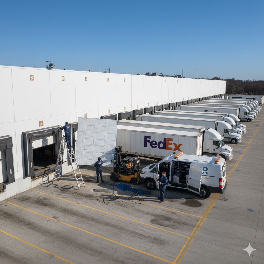 Technician performing commercial dock door repair on a warehouse loading dock