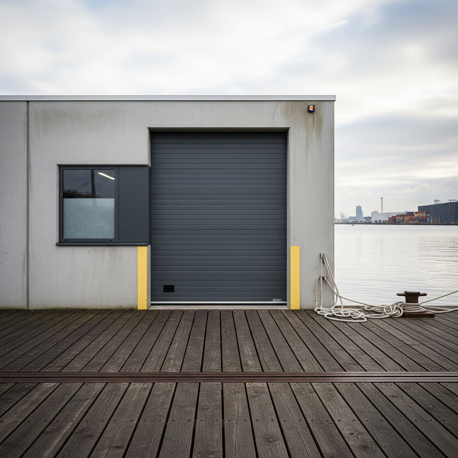 A clean, dark gray commercial garage door on a concrete building next to a wooden dock.