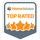 A home advisor top rated badge with five stars on it.