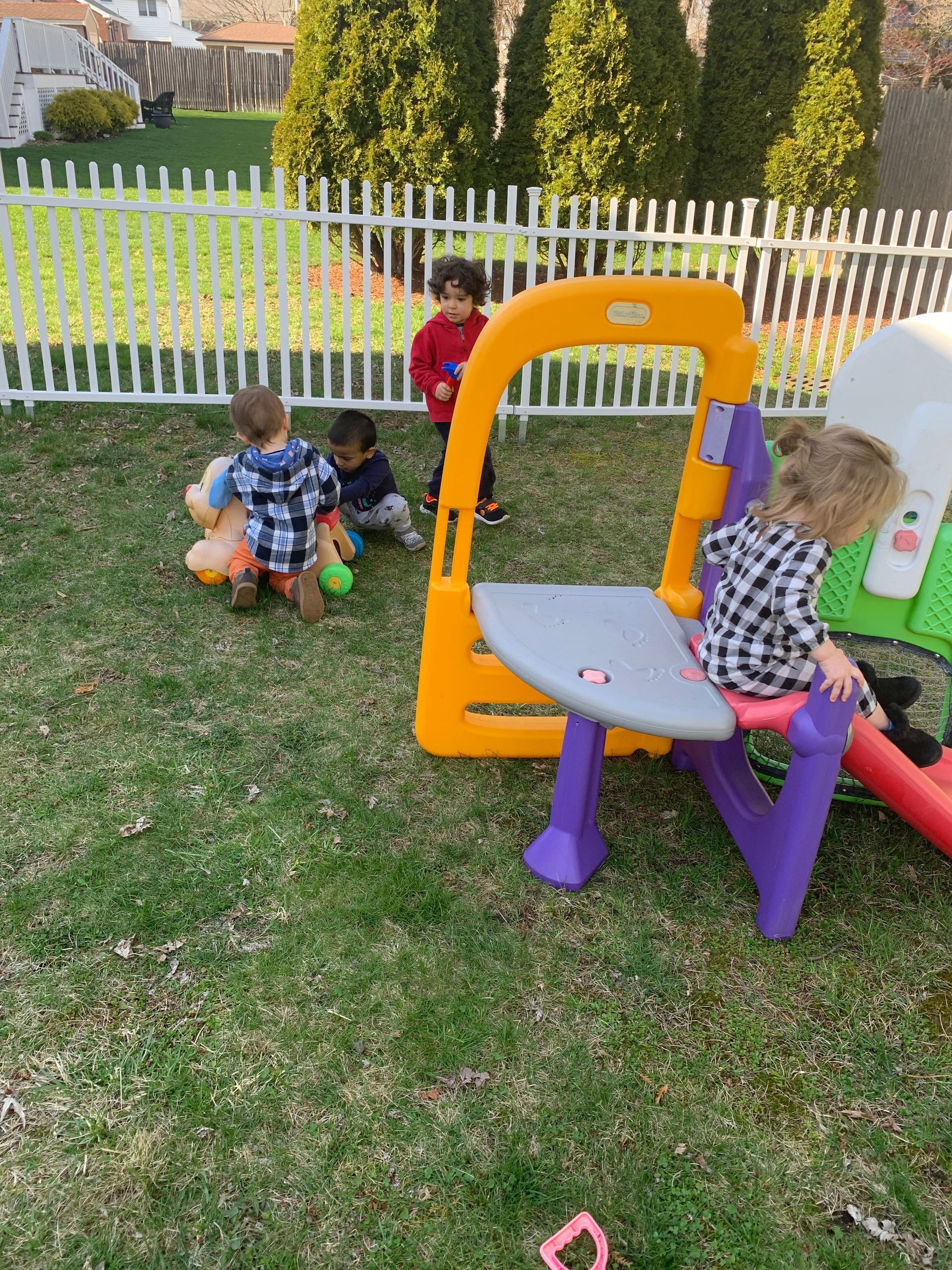 A group of children are playing in a backyard.