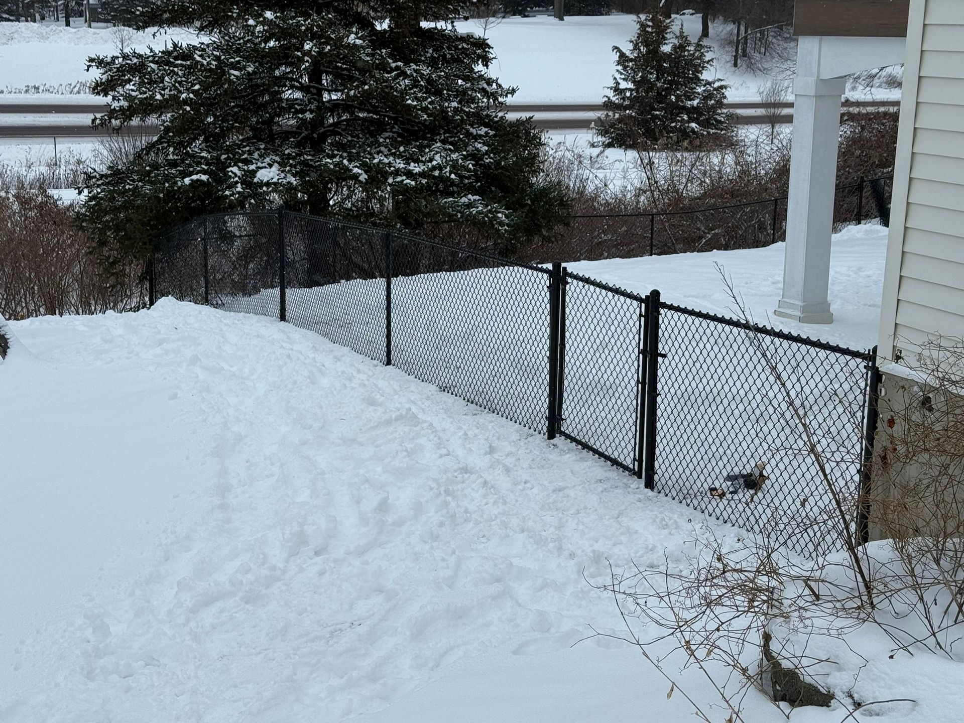 Snow-covered yard with a black chain-link fence. Trees and a building are in the background, along with a road.