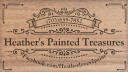 Business card for Heather's Painted Treasures. Features a wooden background, phone number, and Facebook address.