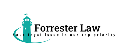Logo for Forrester Law with a teal lighthouse and tagline, "Your legal issue is our top priority."
