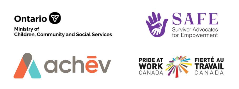 Ontario Ministry, SAFE, Achev and Pride at Work logos