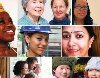 A collage of women with one wearing a hard hat