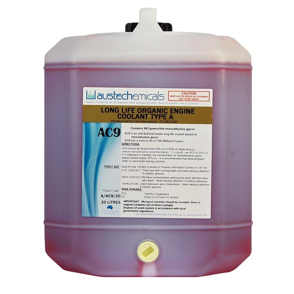 Large, Red Container of Austechicals Long Life Organic Engine Coolant — Envirokleen Solutions In Slade Point, QLD