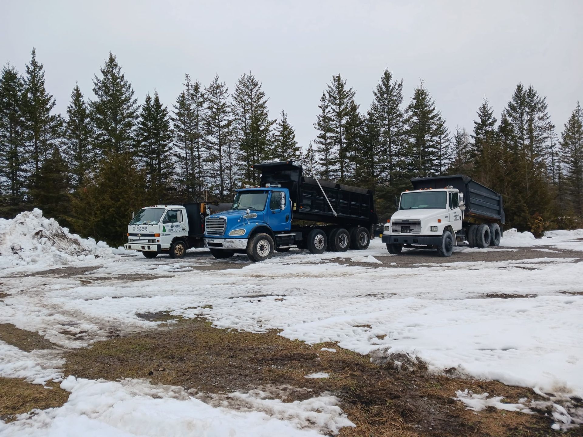 Three dump trucks are parked in a snowy field.