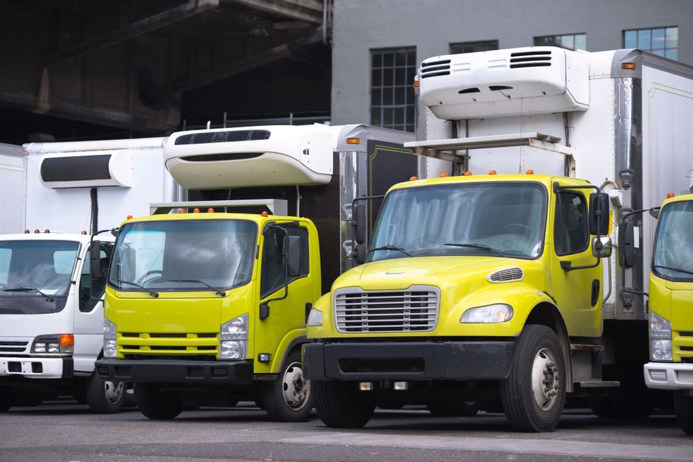 Yellow and White Refrigerated Delivery Trucks Parked Outside — PBC Compliancing in Moranbah, QLD