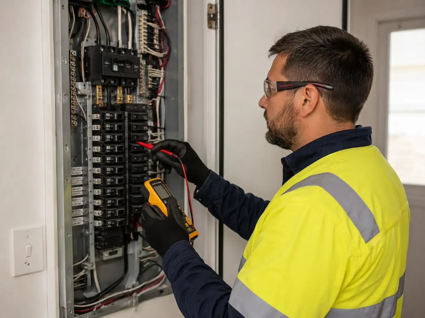 Elektriker prüft bei Stromausfall eine elektrische Verteilung mit Multimeter