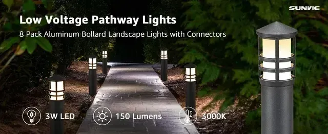 Local Electricians - This image highlights an illuminated walkway featuring 3W LED aluminum bollard landscape lights, offering 150 lumens of brightness with a warm 3000K color temperature.
