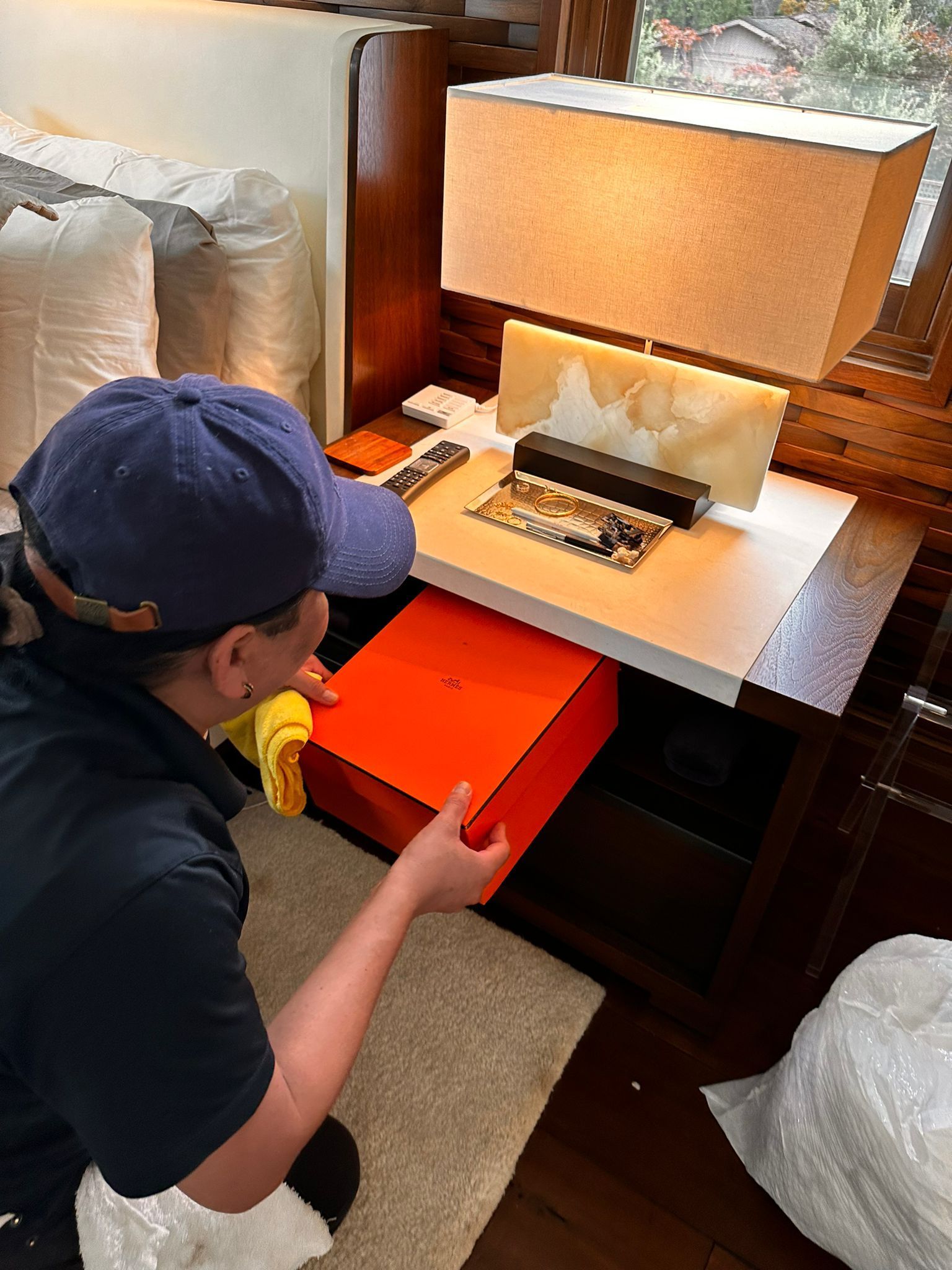 A room filled with cardboard boxes and a potted plant.