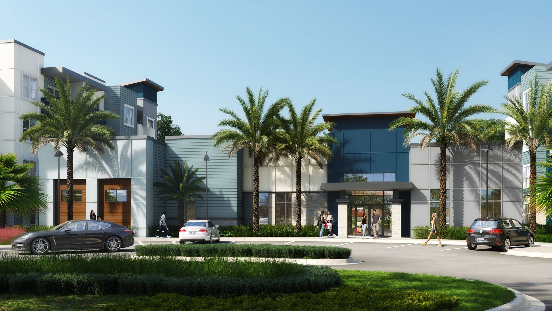 An artist 's impression of a building with palm trees in front of it at Adley Luxe.