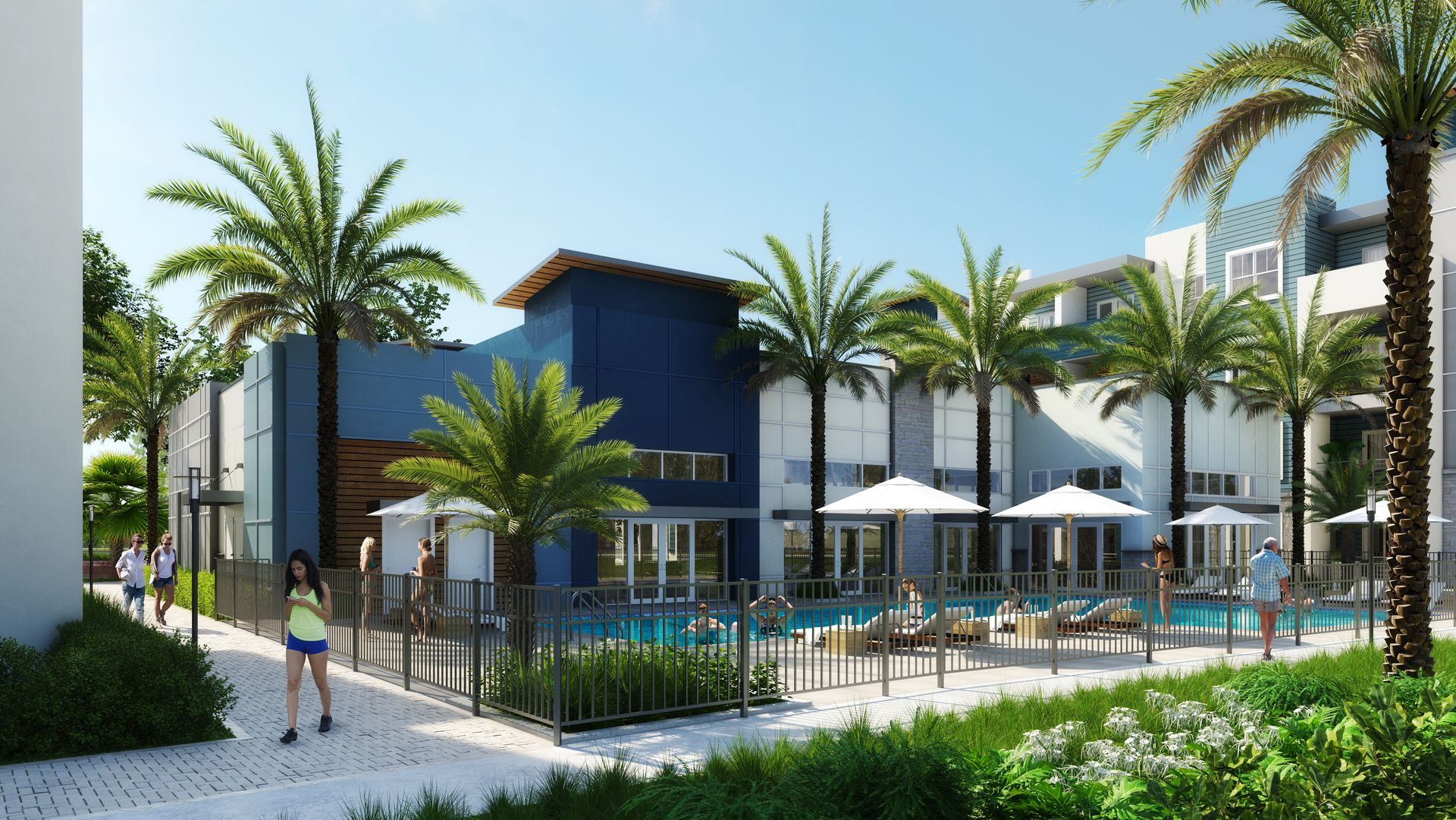 An artist 's impression of a building with a pool and palm trees  at Adley Luxe.